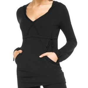 Spanx Black Cinch-It Hoodie Women's L V-Neck Drawstring Long Sleeve Athleisure